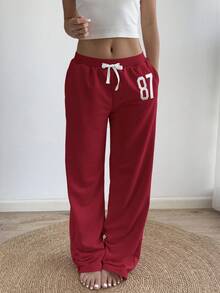 Sunnyshic 灰色 87 刺绣低腰腰带撞色罗纹抽绳系带斜口袋直腿宽松休闲运动裤，适合居家、日常穿着、复古运动、极简设计、春夏 - 酒紅色 - 查看 3