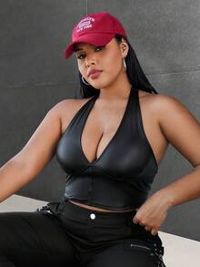 SHEIN EZwear 大尺寸 Pu 皮革無袖短版後繫帶上衣