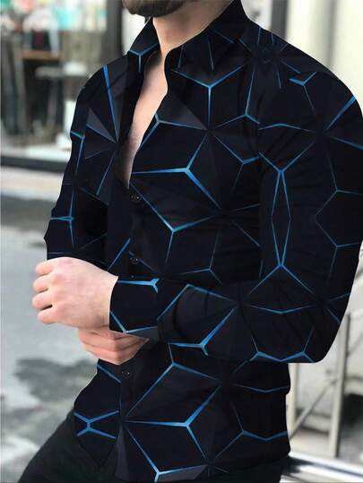 Manfinity Homme Men's Full Print Long Sleeve Shirt, Party Wear, Spring/Autumn, Black And Blue Shirt Men, Geometric Print Men, Men Long Sleeve Button Down Print Blue Shirt, Men Designer Shirt, Abstract Printed Long Sleeve Shirt, For Fall