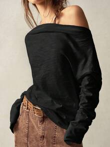 Bohemela Áo thun tay dài dáng rộng, dáng rộng, màu trơn, vai chéo cỡ lớn dành cho nữ - màu đen - Xem 5