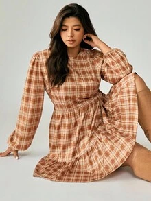 SHEIN LUNE Plus Size Ruffled Plaid Dress Fall Cloth For Women - Multicolor - View 10