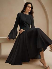 Anewsta 优雅的乳白色长袖喇叭连衣裙，纽扣喇叭袖 - 黑色 - 查看 7