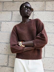 Lumivelle Women's Coffee Brown Round Neck 3/4 Puff Sleeve Pullover Sweater