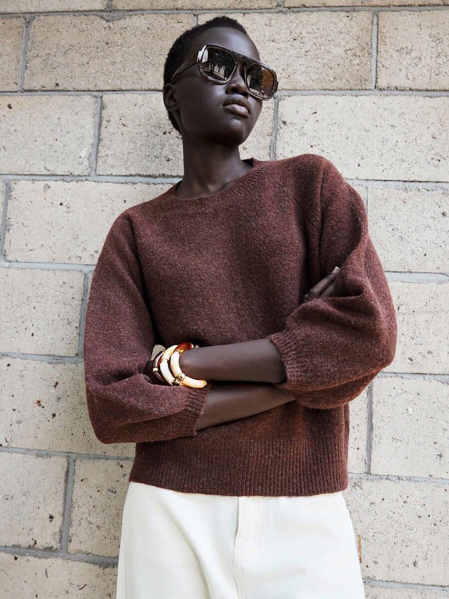 Lumivelle Women's Coffee Brown Round Neck 3/4 Puff Sleeve Pullover Sweater