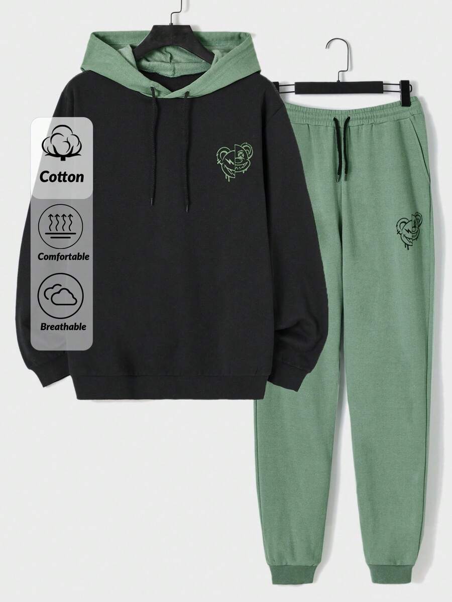 RueChic Cotton Men Bear Print Drawstring Hoodie & Sweatpants - Green - View 1