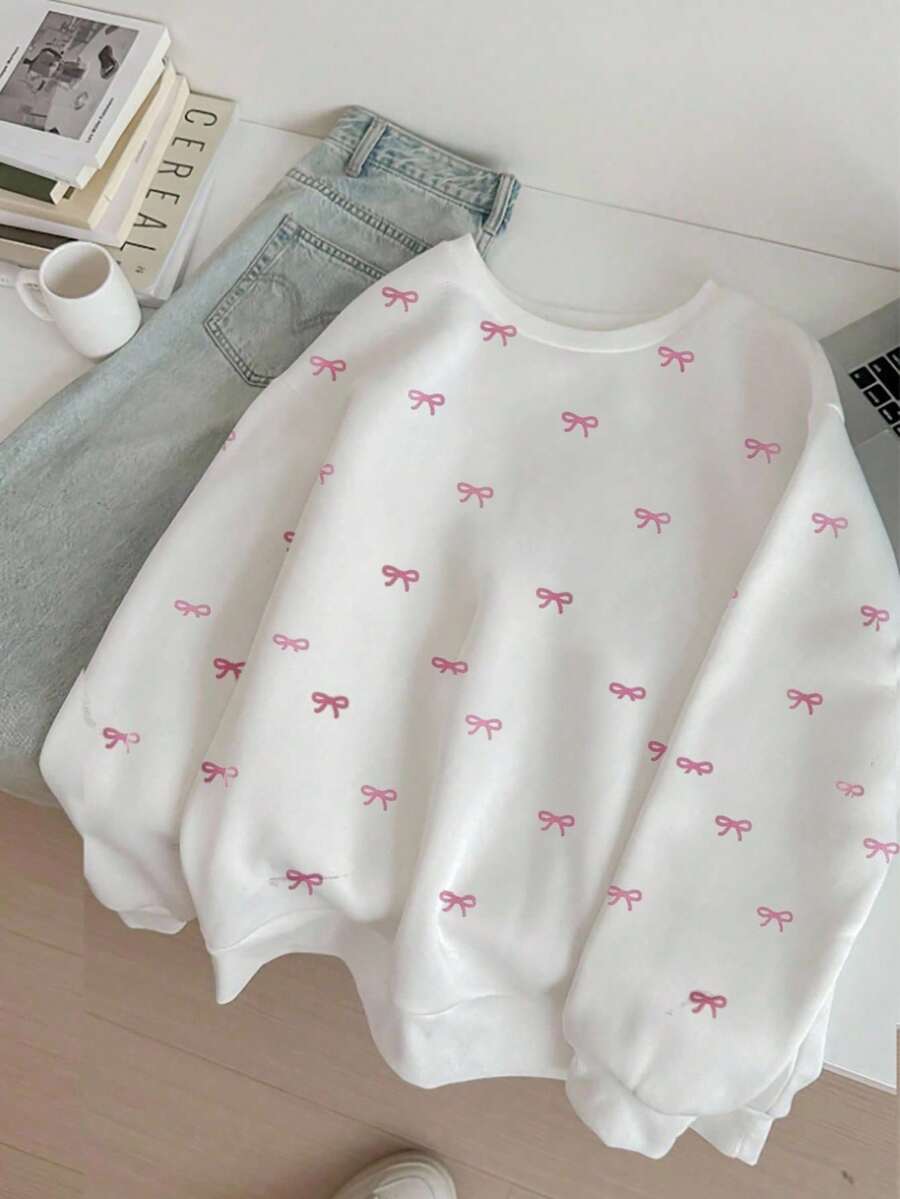 SHEIN Teen Girl Butterfly Print Long Sleeve Crew Neck Sweatshirt - White - View 1