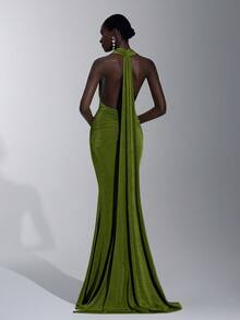 Elitara Elegant, Romantic, Sexy, Minimalist, Green, Knitted Fabric, Halter Neck, Slim Fit, Fishtail, Fashionable, Influencer Style, Holiday, Birthday Party, Wedding Event, Bridesmaid Dress - Green - View 6