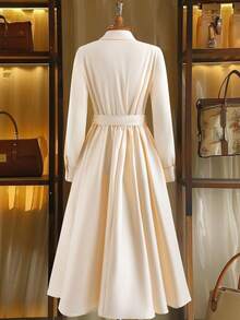 Franclia Women's Long Sleeve Apricot Cinched Waist Waist Button-Up Collar Dress Fall Cloth For Women - Apricot - View 2