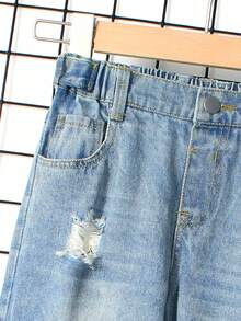 Young Boys' Jeans Boys' Multi-Pocket Casual Loose Straight Jeans Light Blue Children's Wide-Leg Slip-On Jeans Casual Fit Casual Jeans High-Waisted Elastic Drawstring Frayed Design Comfortable Everyday Wear Street Fashion Pants Spring And Autumn Casual Slip-On Cargo Jeans Loose Jeans Adjustable Waist Casual Everyday Wear Autumn And Winter Bottoms Everyday Wear Fall - Light Wash - View 6