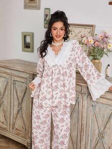 FloralLove CottageSlumber浪漫碎花刺绣荷叶边V领长袖上衣和裤子女士睡衣套装，秋冬蕾丝边睡衣套装女士睡衣两件套 - 杏色 - 查看 5