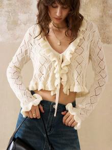 INAWLY Women's Mesh Lace Trim Tie Neck & Cuff Short Frill Trim Cardigan Sweater Fall Winter Cloth For Women - Apricot - View 3