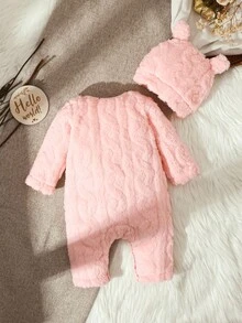 SHEIN Vintaside Kids 新生儿男女通用休闲日常可爱几何图案抓绒连体衣，带帽子，适合外出，秋冬季 - 藕粉色 - 查看 2