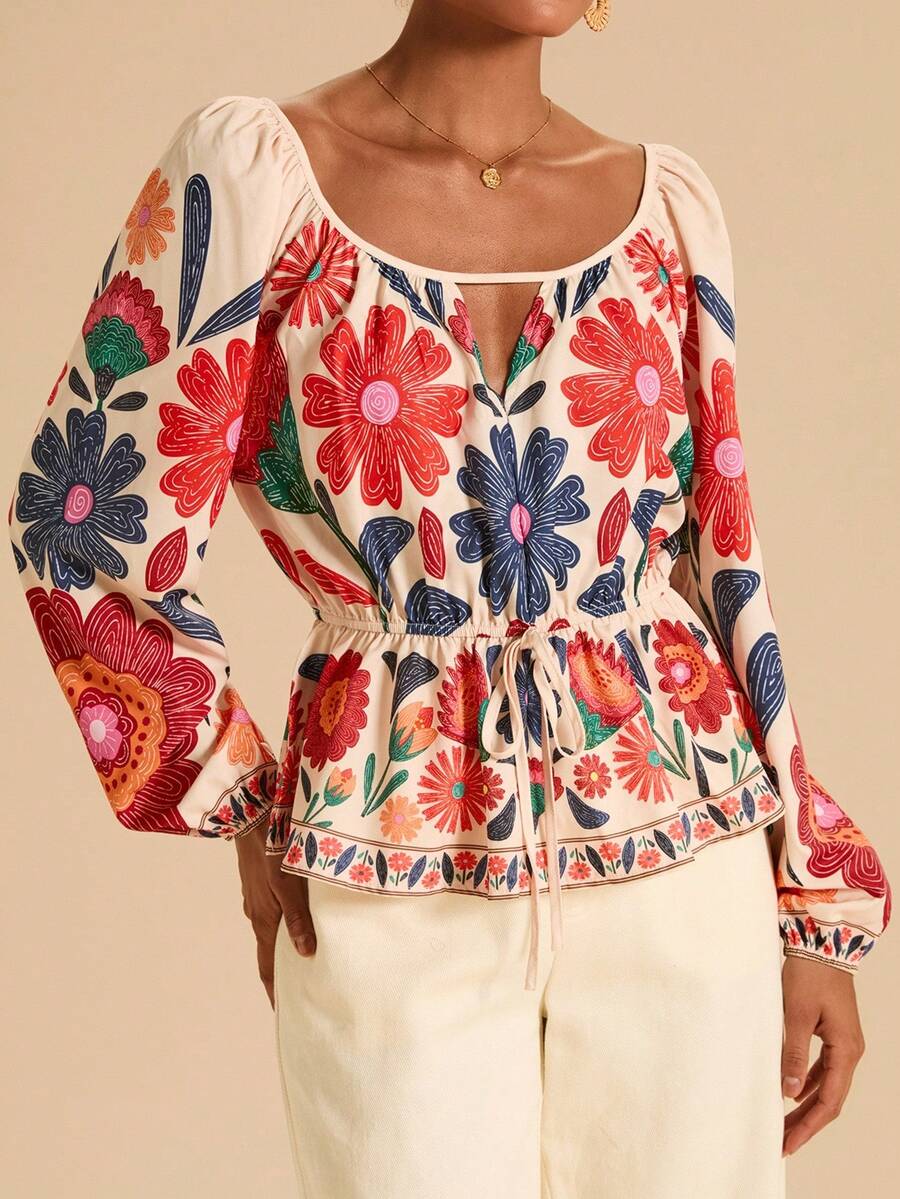 Travachic بلوزة أنيقة للنساء بطبعة زهور وفتحة رقبة وأكمام راجلان وربطة خصر، مناسبة للعطلات والحفلات والأجواء البوهيمية والموسيقية والعطلات الاستوائية والرومانسية، بطباعة جرافيك على نسيج منسوج، مناسبة للصيف والعطلات والشاطئ والأجواء البوهيمية والريفية والأعياد والعطلات