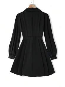 SHEIN Elenzya فستان أنيق للمكتب مع سترة ذات ياقة وأكمام طويلة وخصر مشدود للمرأة ذات الحجم الكبير باللون الأحادي - الأسود - مشاهدة 2