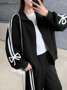 Tween Girl Knit Solid Color Contrast Tape Cardigan & Wide Leg Pants Casual Suit - Black - View 5