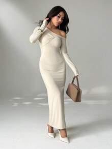 SHEIN PETITE 女士纯色不对称领口长袖连衣裙，优雅 - 杏色 - 查看 10