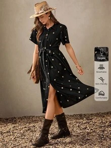 Wildy فستان كاجوال للنساء بطرز على الياقة وتطريز زهري على الحافة، فستان أسود متوسط الطول، فستان غربي للنساء، فستان أسود مزين بالأزهار، فستان مطرز للنساء، فستان أسود متوسط الطول للنساء، فستان أسود متوسط الطول للنساء بأجواء العطلات، ملابس كاجوال للربيع، فستان أسود مزين بأزهار صغيرة، فستان أسود مطرز، فستان أسود بأزرار أسفل، فستان رومانسي للصيف والعطلات، فساتين عيد ميلاد للنساء - الأسود - مشاهدة 1