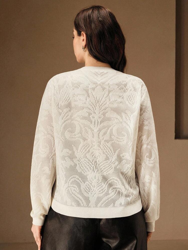 Plus Size Women's Elegant Romantic Vintage Asymmetrical Sheer Jacquard Knit T-Shirt Blouse, Christmas Sweater New Year Clothes