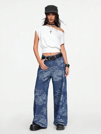 Grunge Punk Jeans de mujer con estampado de dragón vintage Y2K