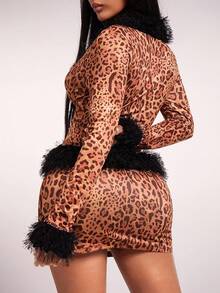 Radiana 秋冬性感休闲优雅豹纹仿毛领两件套：长袖仿毛袖口开衫 + 紧身迷你裙，适合日常外出、聚会、约会、派对、夜店、狂欢节 - 彩色 - 查看 3