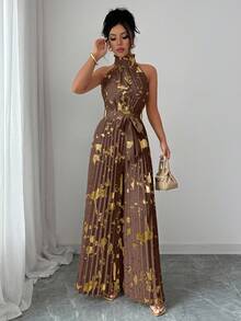 Lyxana Halloween Outfit Sleeveless Ruffle Collar Elegant Romantic Precision Women's Wide Leg Jumpsuit - Multicolor - View 3