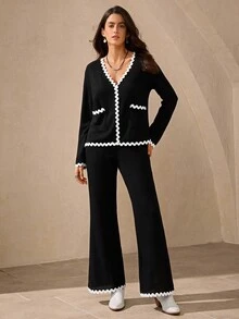 Wildy 2pcs Basic Casual Knit Loungewear Set,Women Black And White Scalloped Trim Pant Suits,Elegant Autumn Brunch Outfit,Comfortable Airport Two Piece Set - Black - View 3