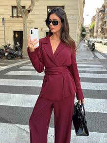 Siren Gaze 秋冬女士酒红色束腰西装套装 - 酒紅色 - 查看 8