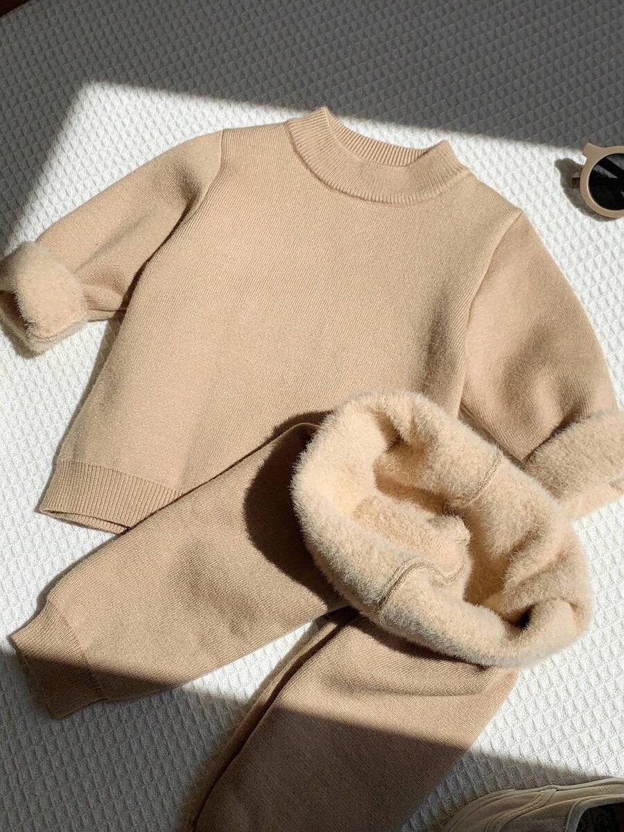 SHEIN 男婴针织加厚毛衣套装，保暖内衬卫衣和裤子套装，舒适休闲日常穿着，适合室内、室外、运动、聚会、秋冬季节度假穿着。幼儿针织两件套，秋冬季幼儿服装，婴儿针织套装，两件套针织套装，婴儿高领毛衣，秋季