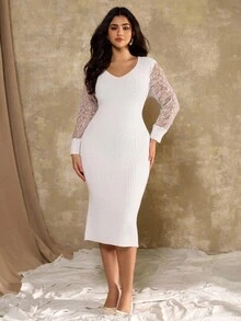 Flirla Plus Size Vintage Patchwork White Long Sleeve Slim Fit Midi Sweater Dress Fall Winter Cloth For Women Autumn - White - View 4