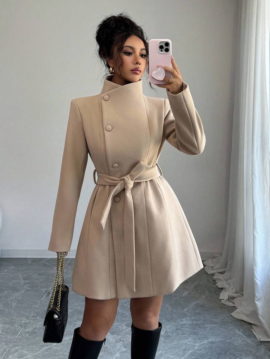 Elenzga Women's Stand Collar Single-Breasted Cinched Waist Waist Mid-Length Overcoat - Khaki - View 1