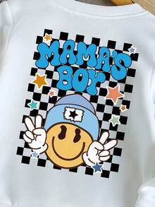 SHEIN 1 件年轻男孩时尚休闲笑脸格子字母印花羊毛圆领运动衫，秋冬 - 白色 - 查看 6