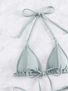 Swim Basics Summer Beach Knot Detail Halter Triangle Bikini Set - Light Grey - View 3