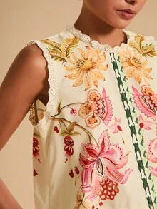 Travachic 热带植物印花荷叶边衬衫，适合夏季海滩度假，刺绣上衣，花卉无袖上衣，镂空上衣，休闲女装风格，秋季女装，外出，优雅，新年造型，感恩节，优雅上衣，女士碎花上衣 - 彩色 - 查看 6