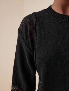 Vesra 女士休闲撞色蕾丝灯笼袖圆领毛衣，秋冬 - 黑色 - 查看 3