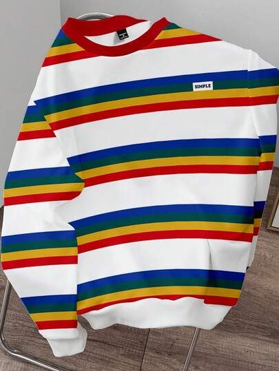 Claim Dot Herr Plus Size Modern Färgglad Randig Långärmad Pullover Sweatshirt, Lämplig För Höst/Vinter, Perfekt Present Till Vänner