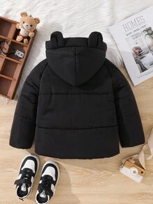 儿童男童休闲舒适百搭厚款可爱 3D 耳朵连帽夹克，适合秋冬季 - 黑色 - 查看 3