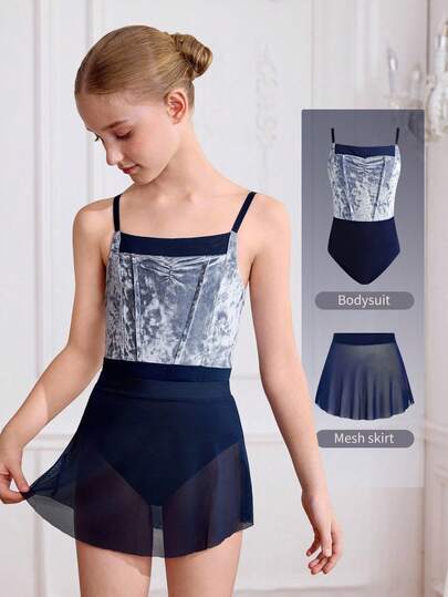 SHEIN Tween Girls' Leotard & Tutu Skirt Set, Fitted Bodysuit With Adjustable Velvet & Mesh Flowing Elegant Ballet Dress Fall Winter