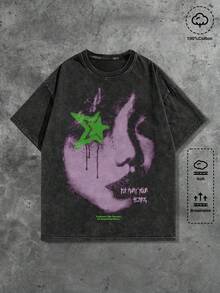 ROMWE MEN Grunge Punk 男士人像印花酸洗短袖T恤，适合春夏日常穿着，2000年代风格 - 黑色 - 查看 3