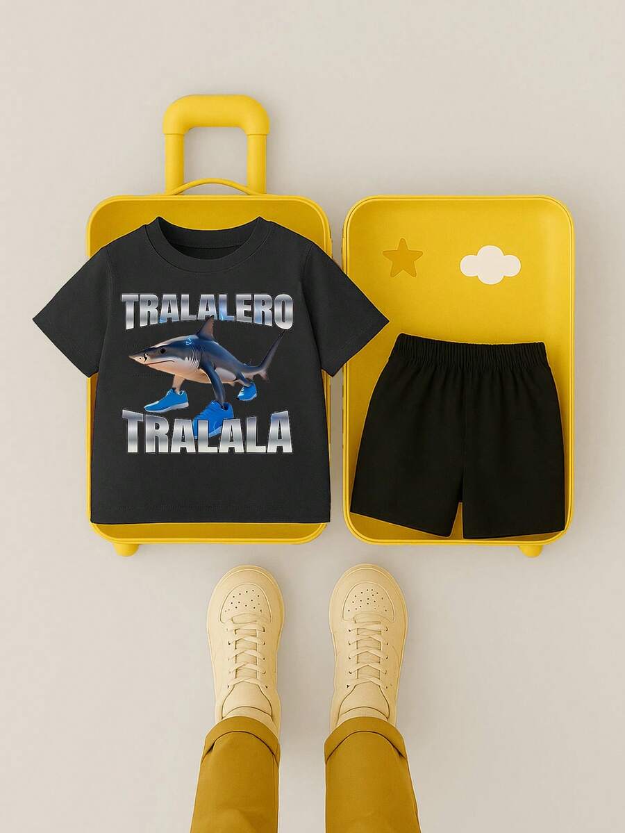 GraphicGems 2 件套幼儿男童休闲鲨鱼印花圆领短袖 T 恤和短裤套装，夏季 - 黑色 - 查看 1