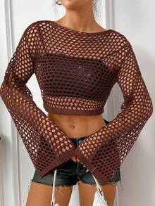 SHEIN EZwear Casual Loose Knit Sweater With Large Mesh Design - Brown - View 5