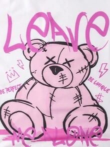 2件套年轻女孩服装：圆领短袖T恤，带有街头风格字母和泰迪熊图案，搭配粉色短裙。2025年返校季儿童学院风服装和校园运动装