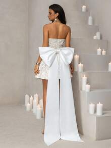 Vowa 优雅奢华的超大蝴蝶结露肩珍珠链连衣裙，适合婚礼、派对、单身派对、度假、舞会、新娘送礼会礼服 - 米色 - 查看 5