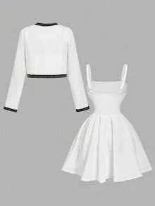 SHEIN MOD 腰部收紧吊带背心连衣裙搭配撞色饰边短夹克 - 黑與白 - 查看 2