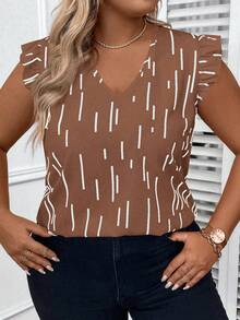 SHEIN EMERY ROSE CURVE Camisa casual con cuello en V, volantes y estampado floral para tallas grandes - Marrón - Ver 7