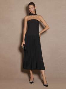 Enchnt 女式纯色简约休闲抹胸连衣裙 - 黑色 - 查看 6