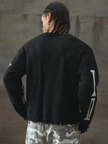 AXEPEAK Jersey de cuello redondo de manga larga con estampado de letras y huesos, estilo grunge para otoño e invierno