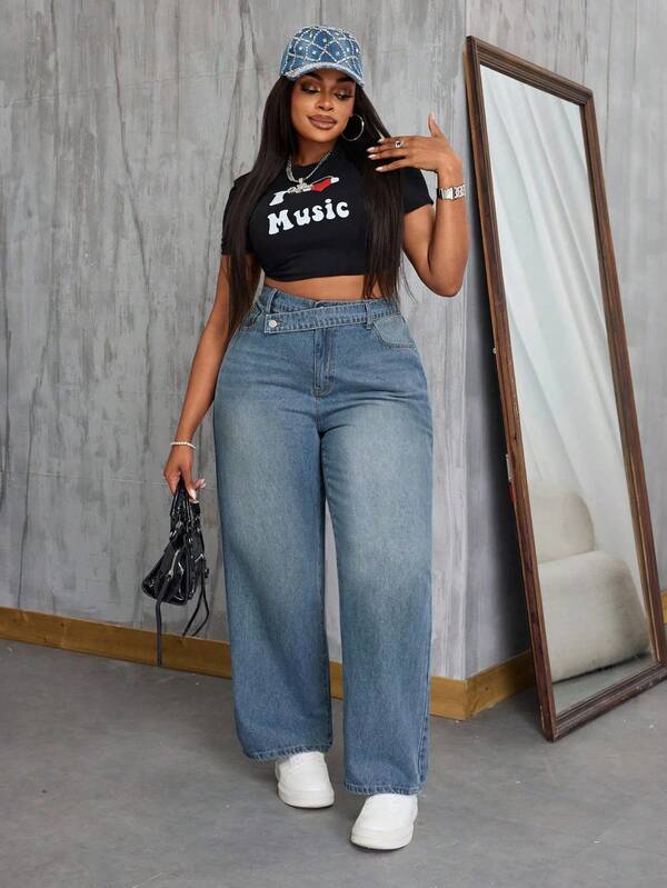 SHEIN SXY Winter Outfit Plus Size Cowgirl Style Non-Stretch Casual Fashion Personalized Jeans, Saint Patrick