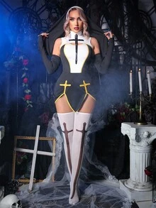 Fantasy Costume Bộ đồ lót hóa trang Halloween 6 món cho nữ - Đen và trắng - Xem 1