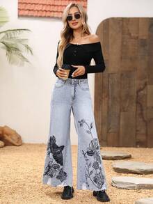 SHEIN LUNE Embroidered High-Waisted Wide-Leg Jeans - Blue - View 4