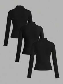 SHEIN EZwear 3 件套女式黑色高领荷叶边修身休闲长袖长 T 恤套装，适合秋冬分层穿着 - 黑色 - 查看 2